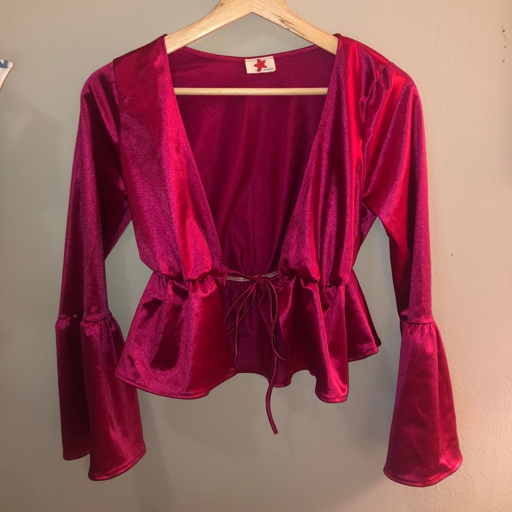 Pink front tie top with flared sleeves